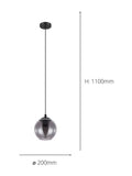 Eglo black smoked glass single pendant ceiling light, imported from the UK