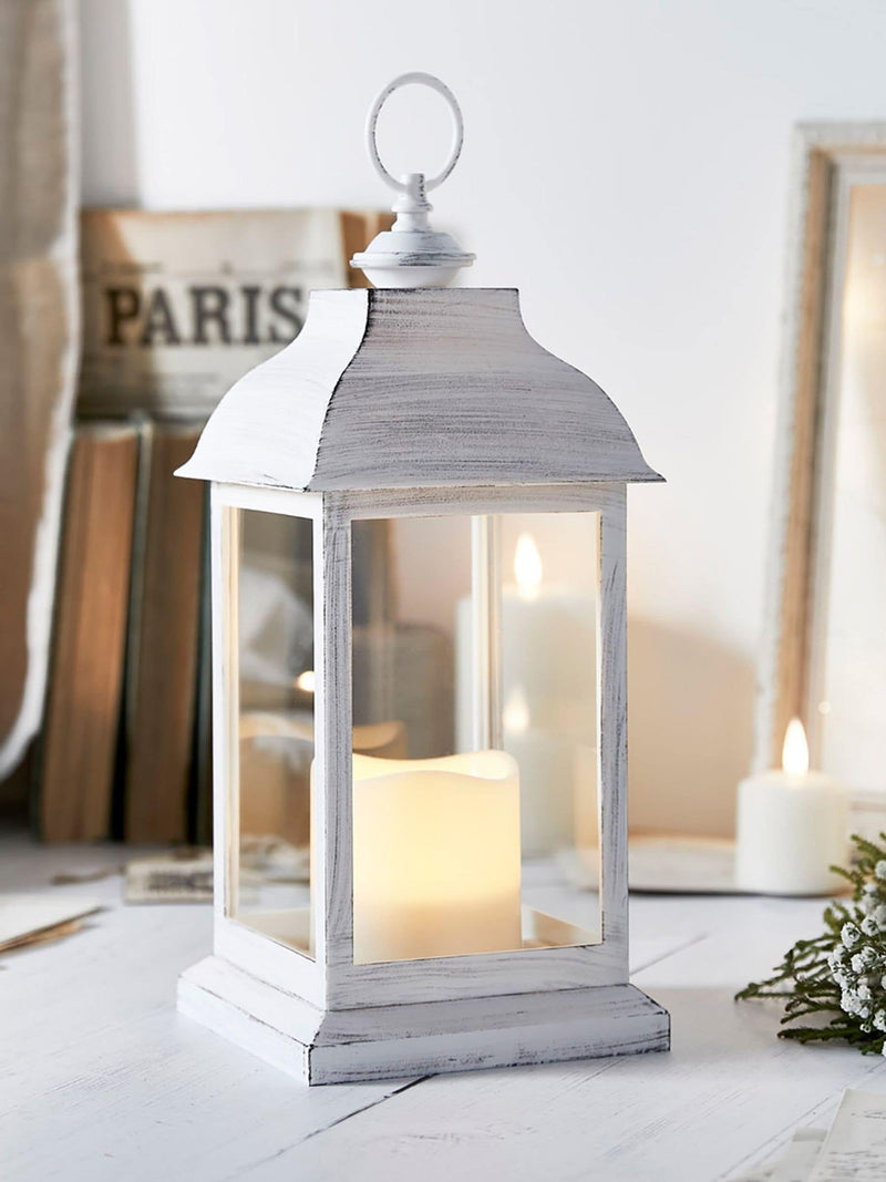 Lights4fun white distressed lantern 30cm, imported from the UK