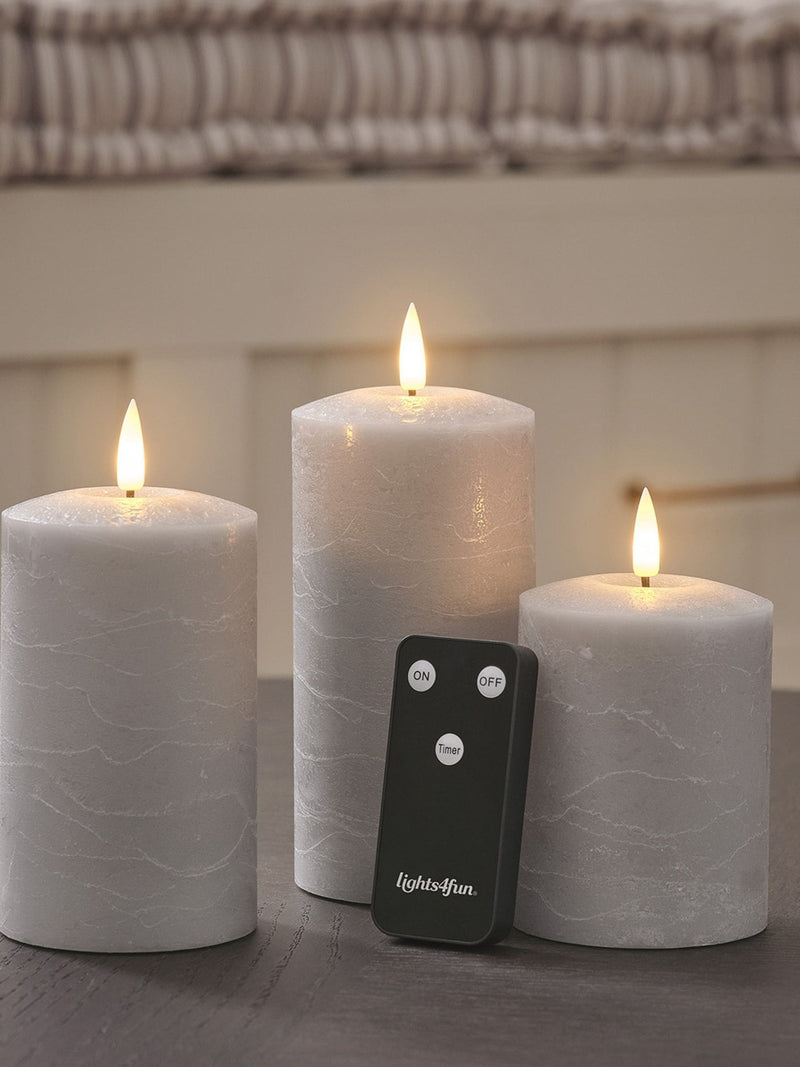 Lights4fun grey distressed LED pillar candle trio with remote - British product