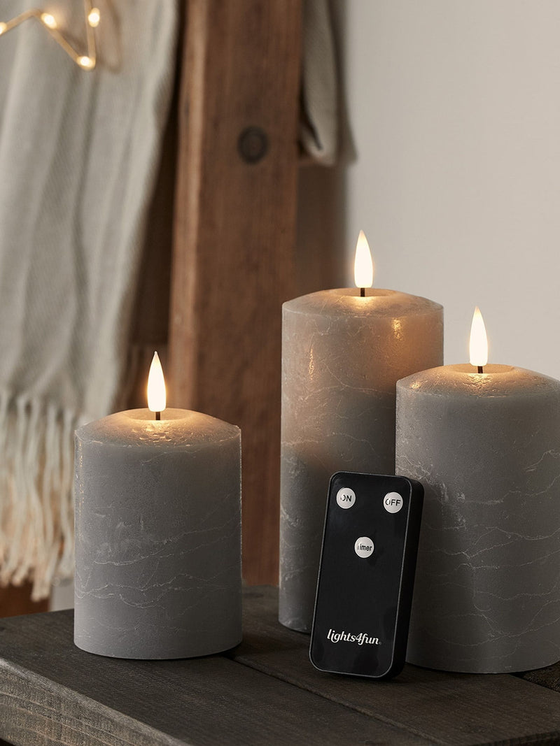 Lights4fun grey distressed LED pillar candle trio with remote - British product