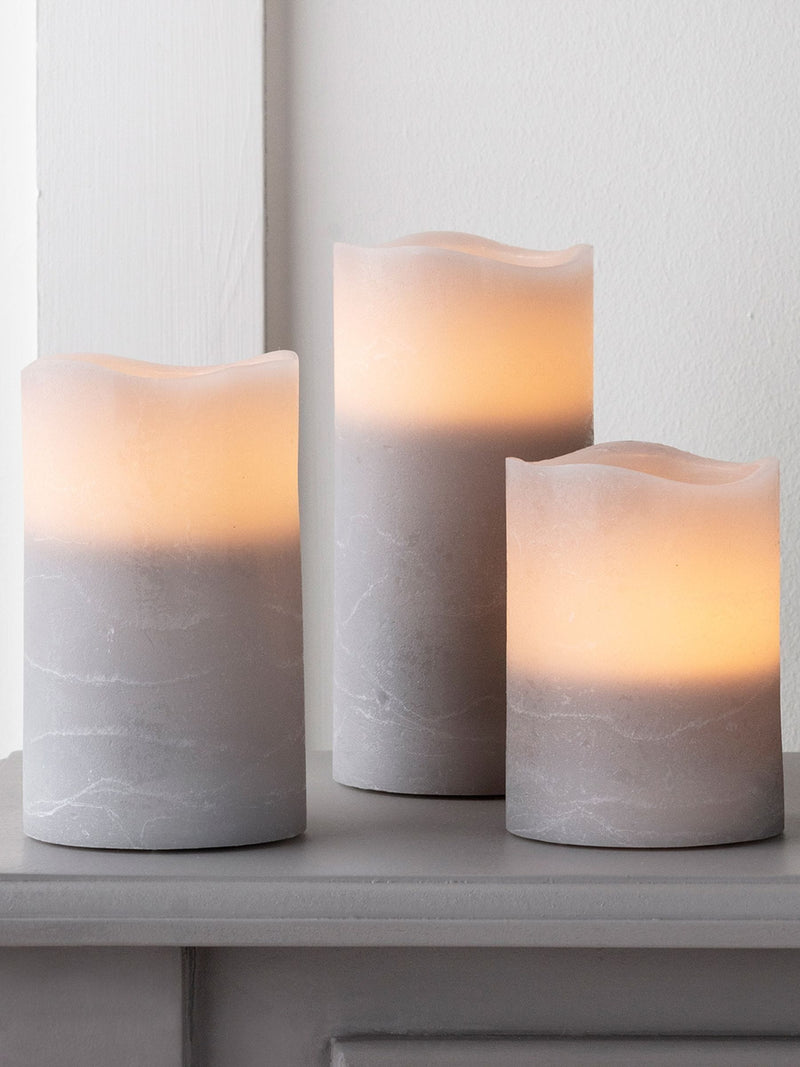 Lights4fun grey LED pillar candle trio assorted heights - British product