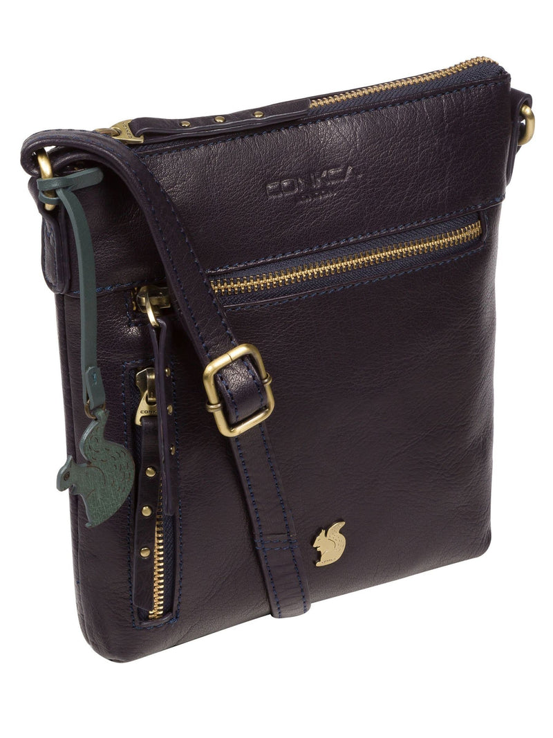 Conkca Navy Elf leather cross-body bag, imported from the UK