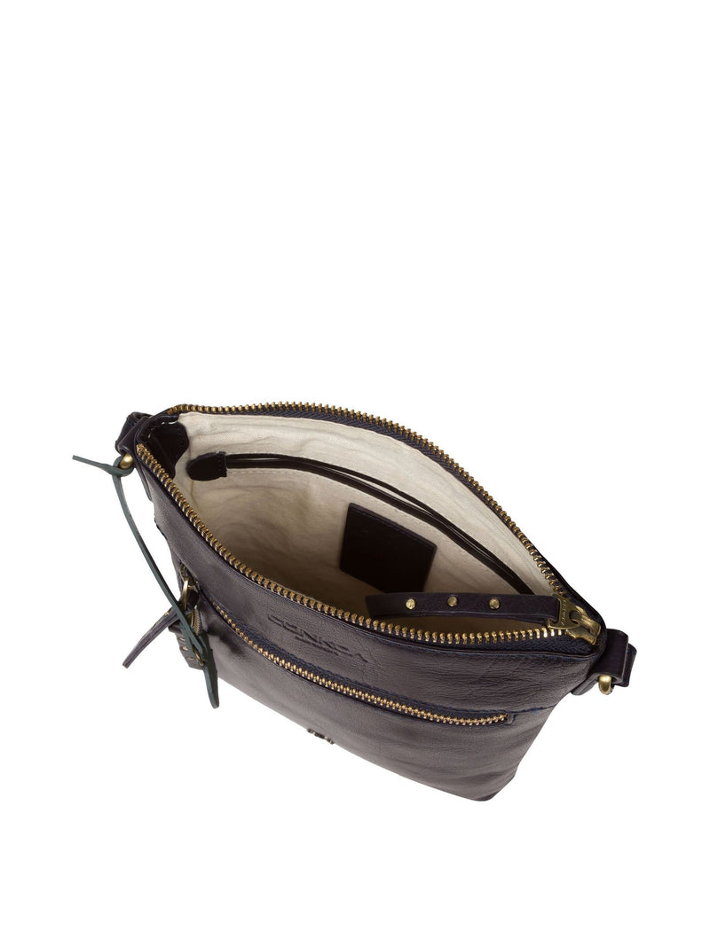Conkca Navy Elf leather cross-body bag, imported from the UK