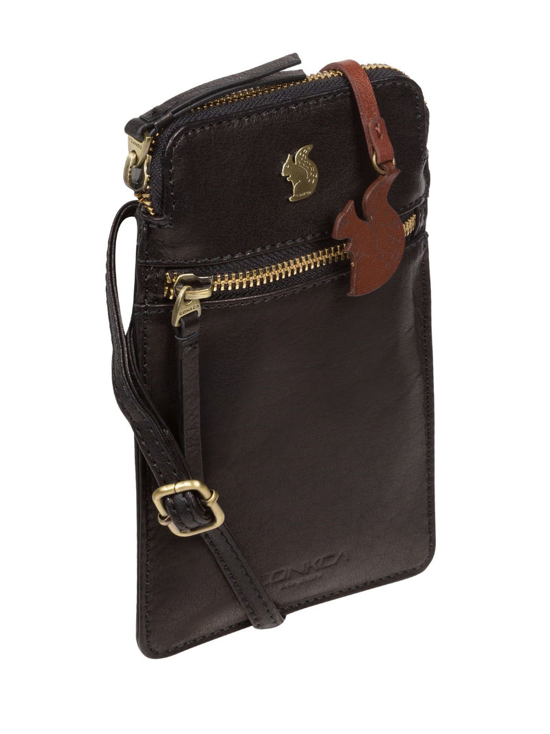 Conkca Black Bambino leather cross-body phone bag, imported from the UK