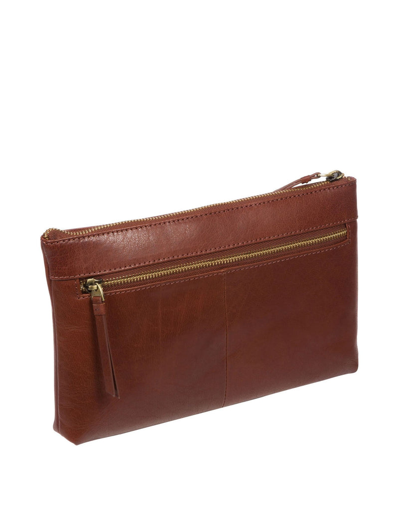 Conkca London leather clutch bag in conker brown, imported from the UK