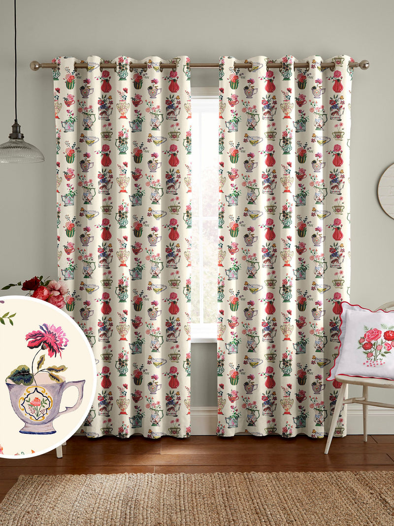 Cath Kidston cream cups and vases print curtains, UK version