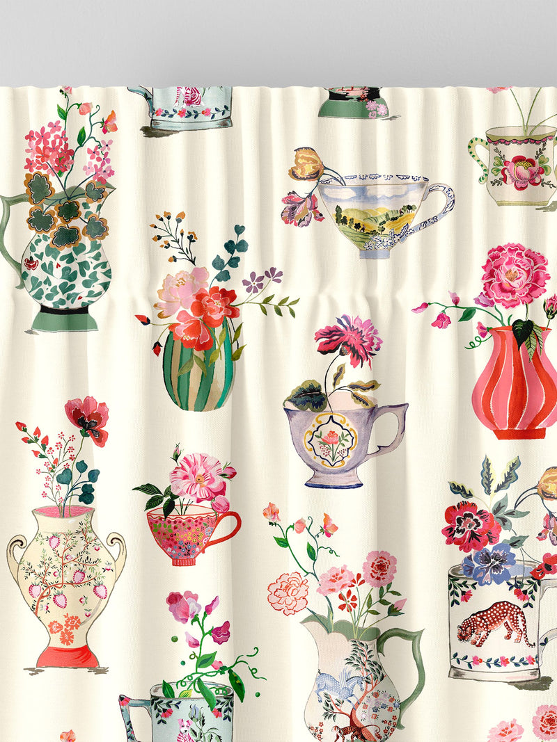 Cath Kidston cream cups and vases print curtains, UK version