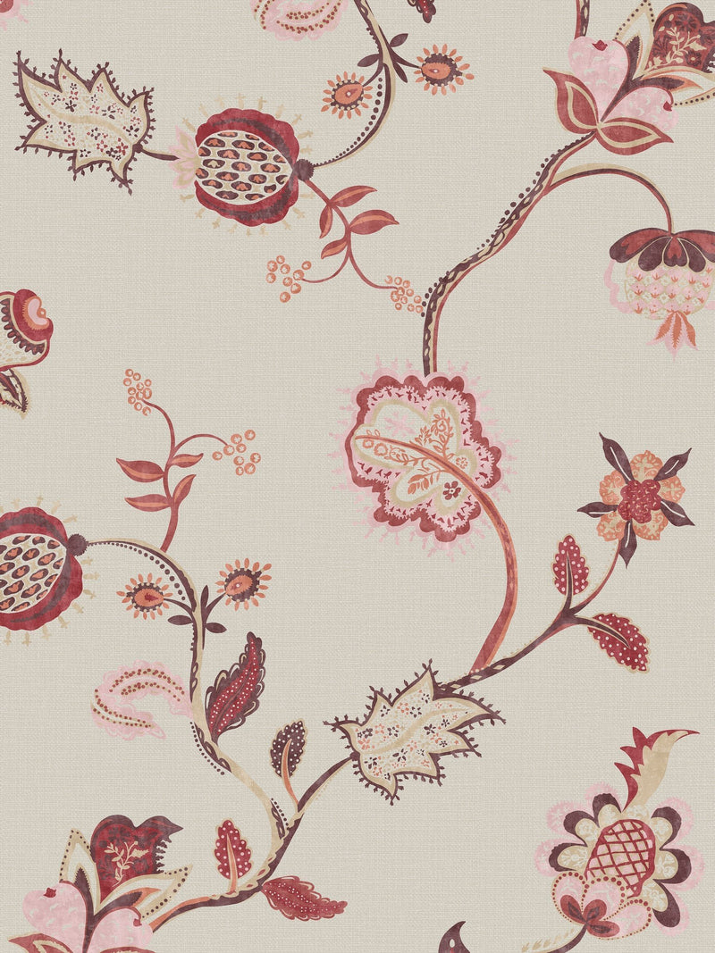 Joules wallpaper sample red pink Tree of Life floral A4 (British brand)