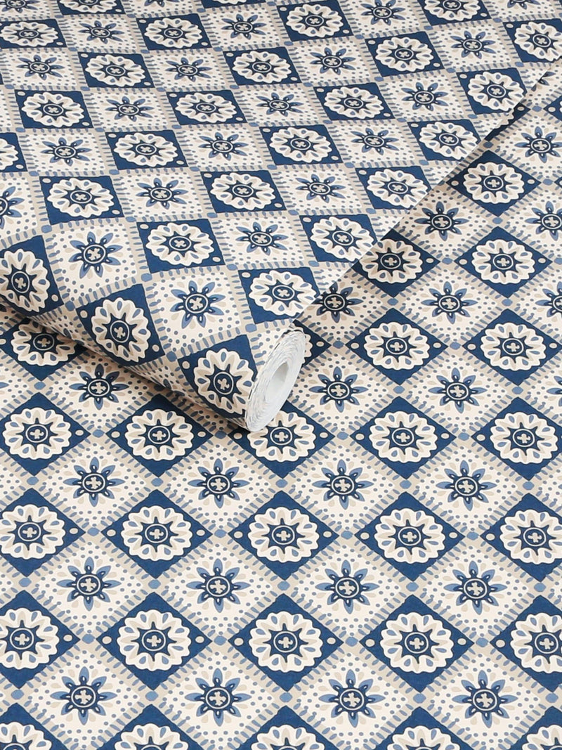 Joules wallpaper sample Navy Cream Meadow Geo A4 (British brand)