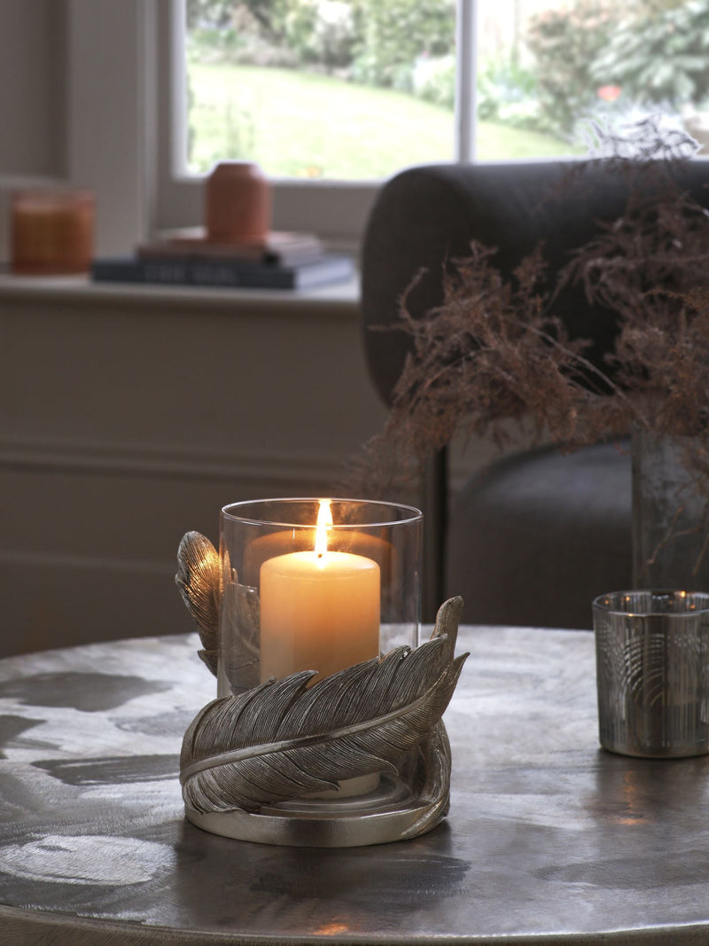 Silver feather hurricane candle holder, UK version