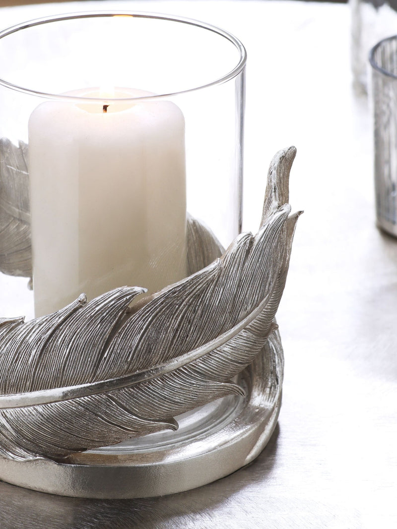 Silver feather hurricane candle holder, UK version