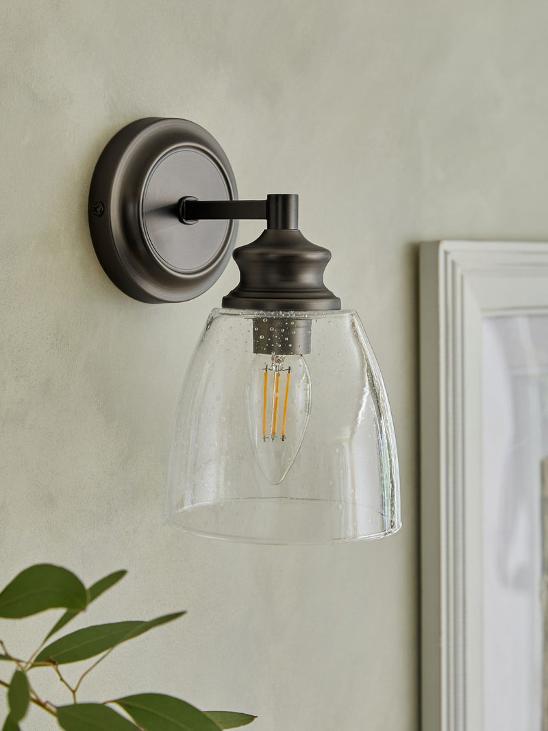 Brompton pewter grey wall light with bubble glass shade, UK version