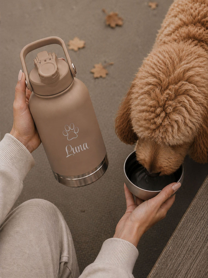 Loveabode personalised 3-in-1 dog travel bottle 32oz, imported from the UK