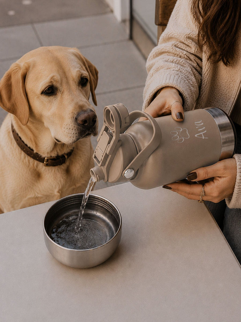Loveabode personalised 3-in-1 dog travel bottle 32oz, imported from the UK