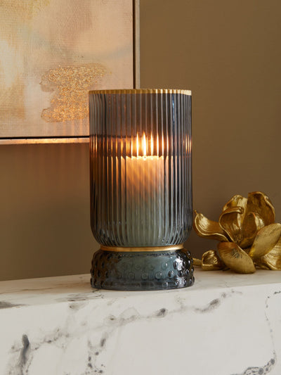 Next Blue Ribbed Glass Hurricane Candle Holder for Pillar Candles Medium- Buy online at McGrocer