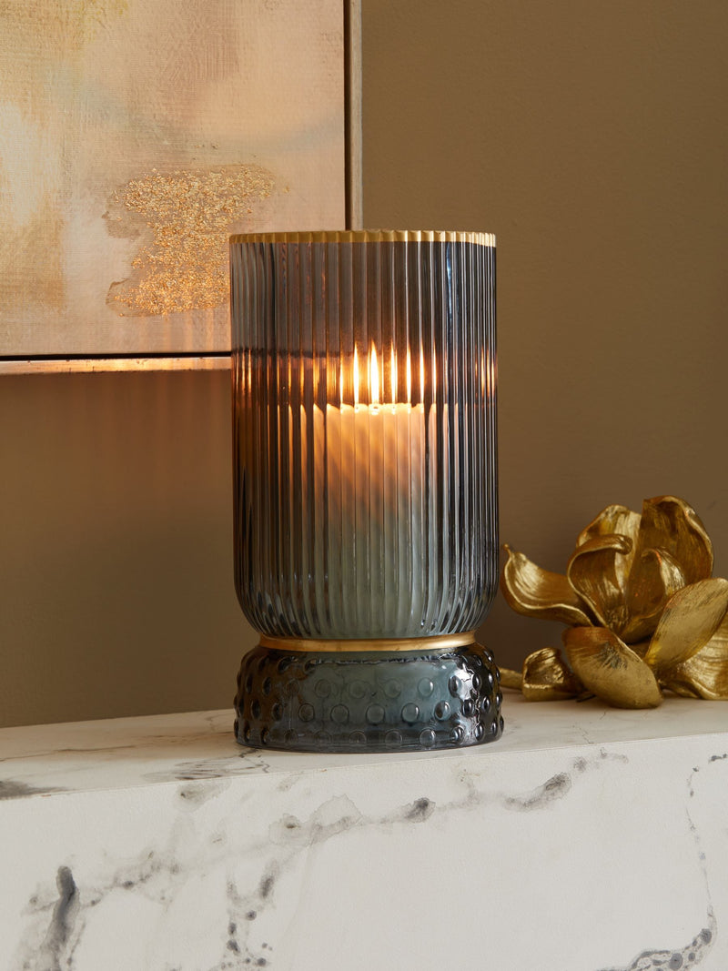 Blue Ribbed Glass Hurricane Candle Holder Medium - British product