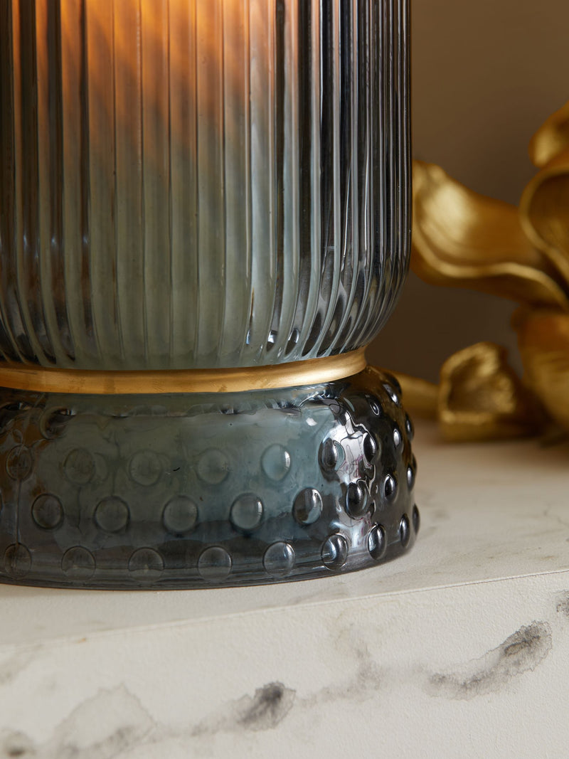 Blue Ribbed Glass Hurricane Candle Holder Medium - British product
