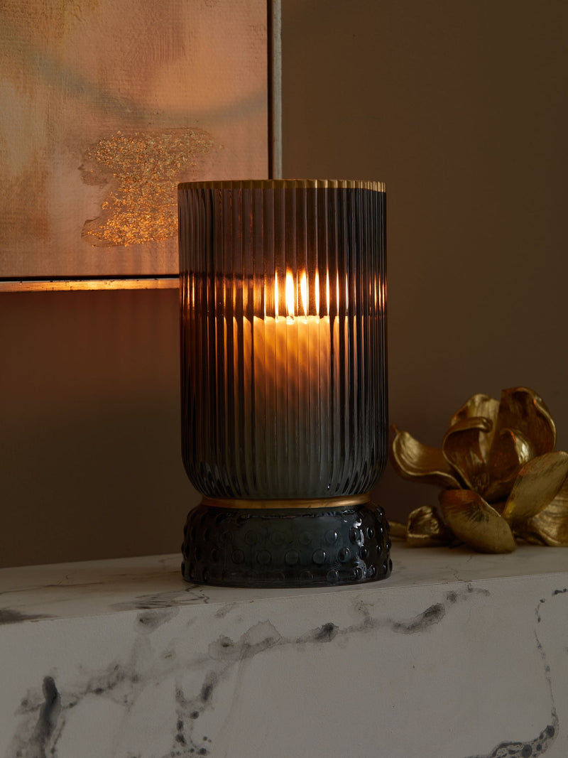 Blue Ribbed Glass Hurricane Candle Holder Medium - British product