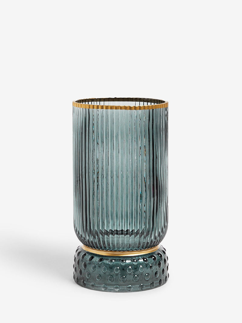 Blue Ribbed Glass Hurricane Candle Holder Medium - British product