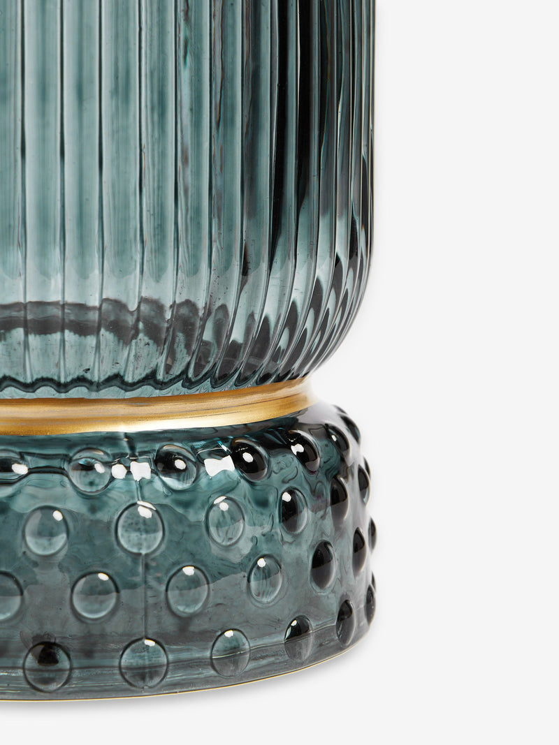 Blue Ribbed Glass Hurricane Candle Holder Medium - British product