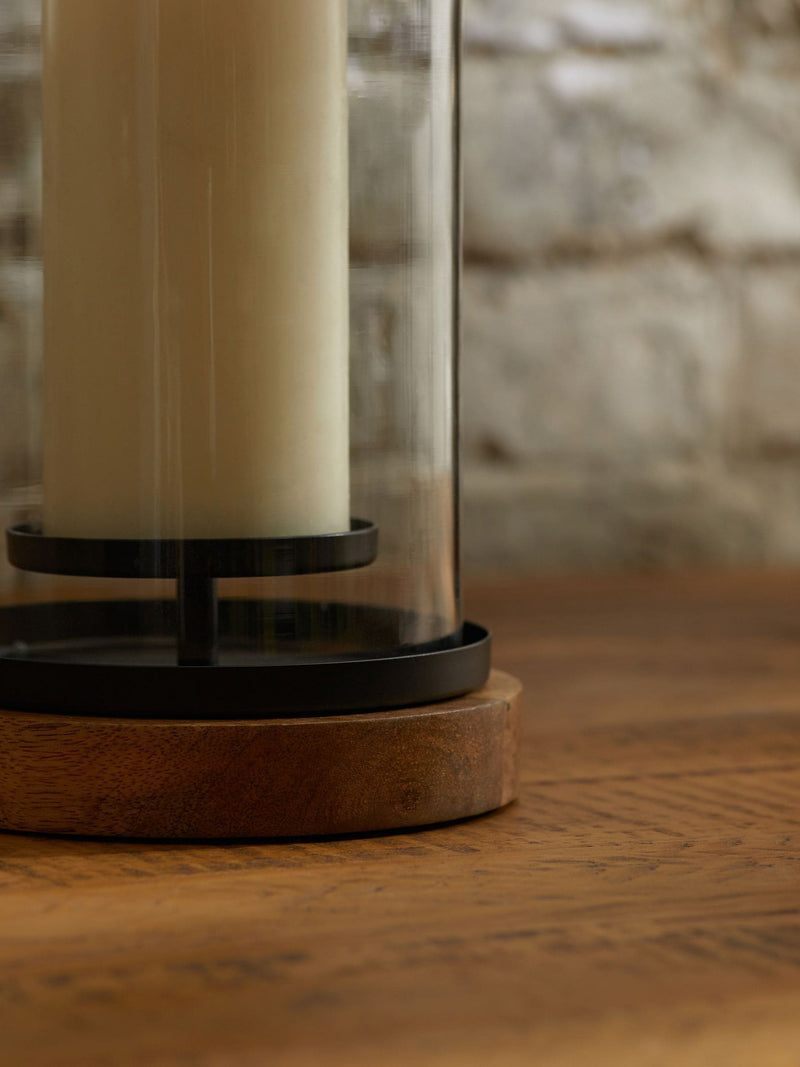 Bronx black hurricane candle holder with mango wood base and glass, UK version