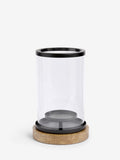 Bronx black hurricane candle holder with mango wood base and glass, UK version