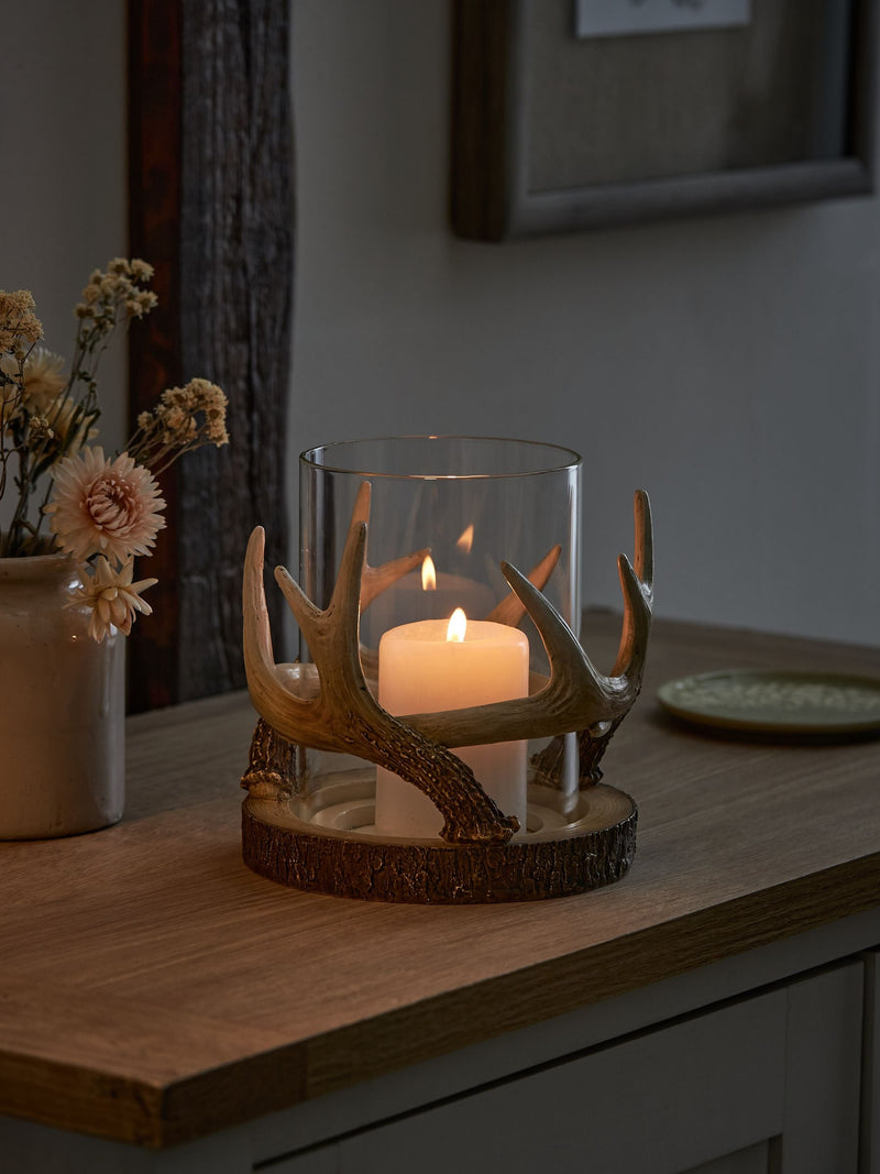 Natural antler hurricane candle holder for pillar candles, imported from the UK