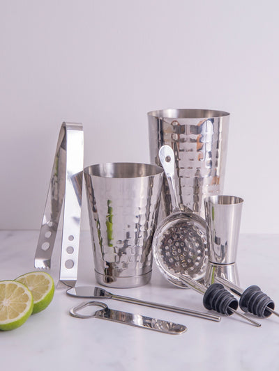 Next BarCraft 8 Piece Silver Hammered Boston Cocktail Shaker Set- Buy online at McGrocer
