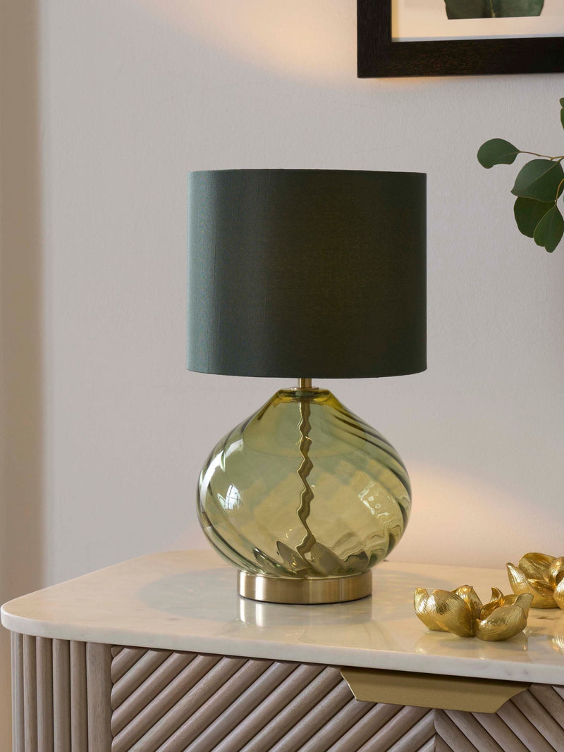 Freya green table lamp ribbed glass base fabric shade 37cm, UK version