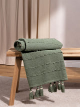 Next Yard Eucalyptus Green Caliche Woven Contrast Tasselled 100% Cotton Throw- Buy online at McGrocer