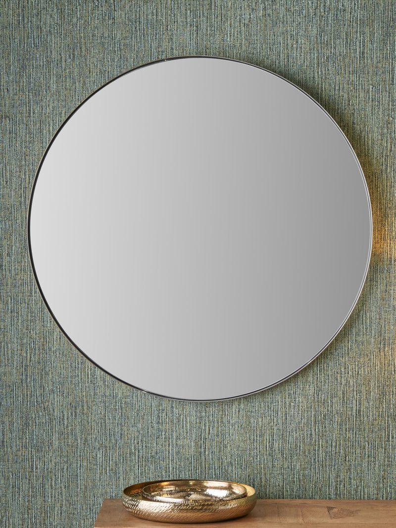 Grand miroir mural rond à cadre fin argenté brossé, importé du Royaume-Uni