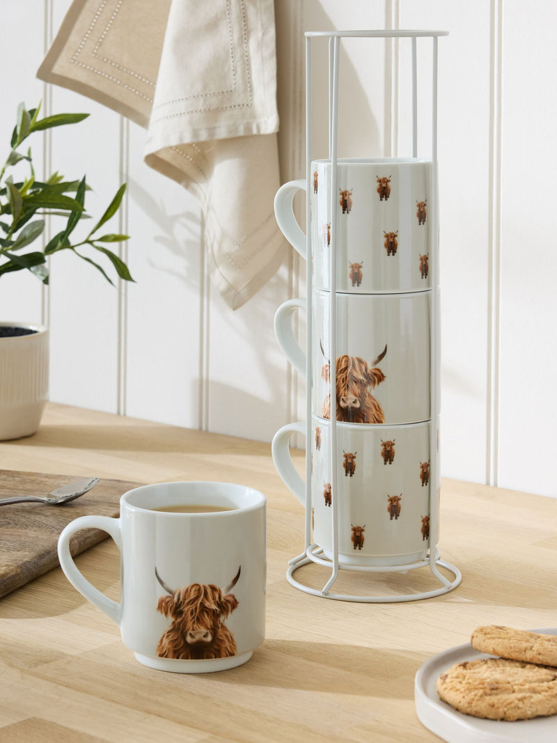Set of 4 grey Hamish Highland cow stacking mugs (British brand)