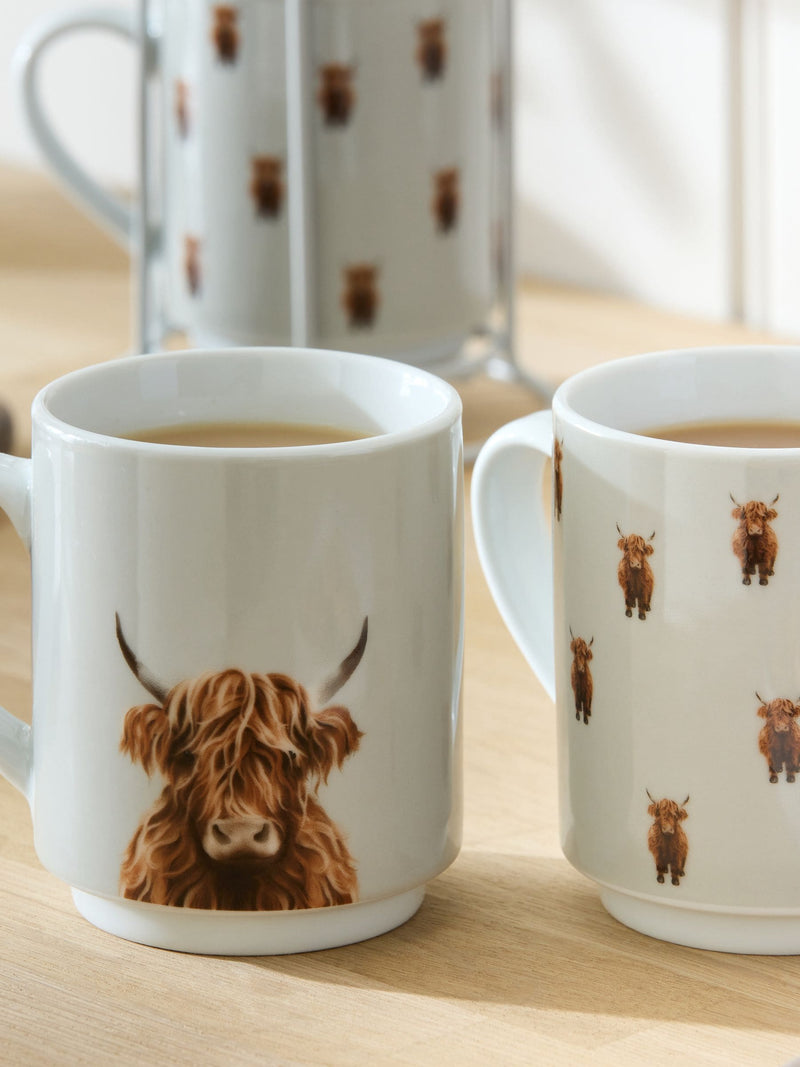 Set of 4 grey Hamish Highland cow stacking mugs (British brand)