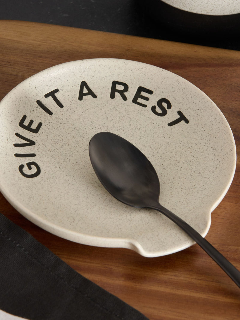 Grey slogan spoon rest stoneware kitchen accessory 14cm x 13.5cm x 2cm, UK version