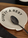 Grey slogan spoon rest stoneware kitchen accessory 14cm x 13.5cm x 2cm, UK version