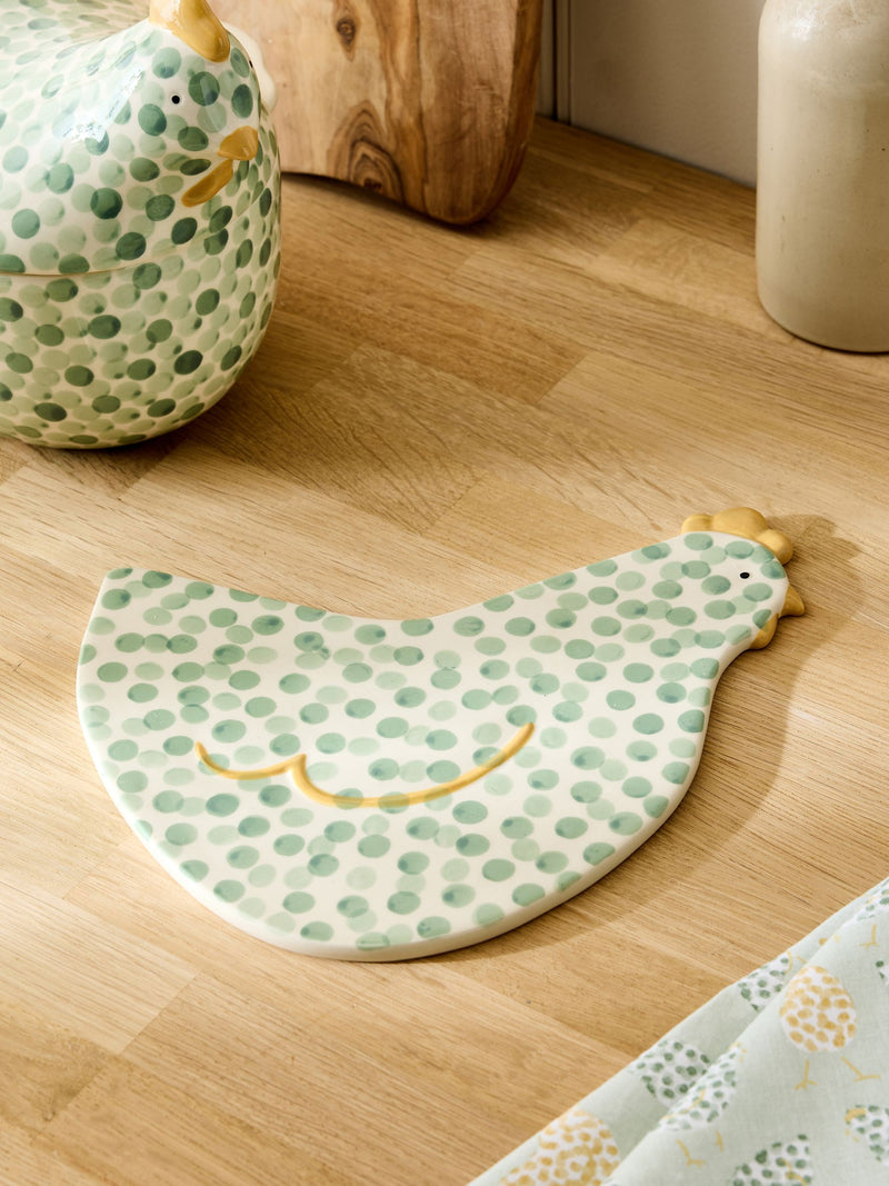Sage green Pat the Chicken ceramic trivet 24x21x1cm (British brand)