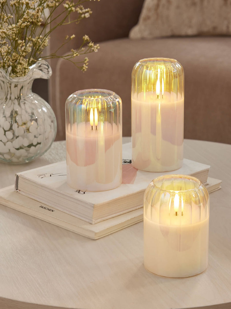 Iridescent Glass Ribbed LED Set of 3 Unscented Pillar Candle