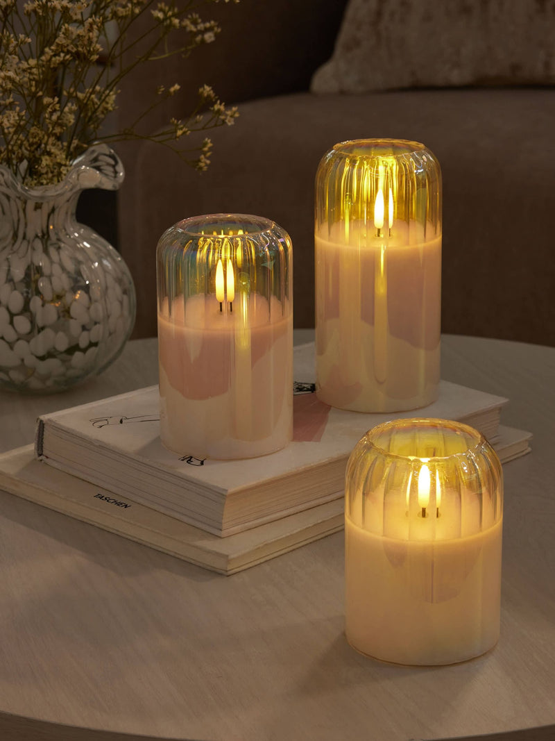 Set of 3 unscented LED pillar candles with glass ribbed cases, 15cm height, UK version