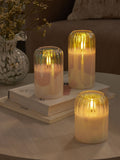 Set of 3 unscented LED pillar candles with glass ribbed cases, 15cm height, UK version