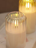 Set of 3 unscented LED pillar candles with glass ribbed cases, 15cm height, UK version