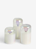 Set of 3 unscented LED pillar candles with glass ribbed cases, 15cm height, UK version