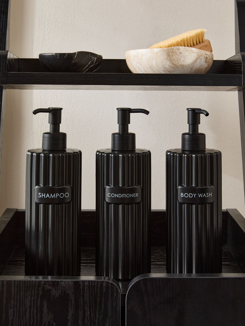 Set of three black rib refillable dispenser bottles - British product
