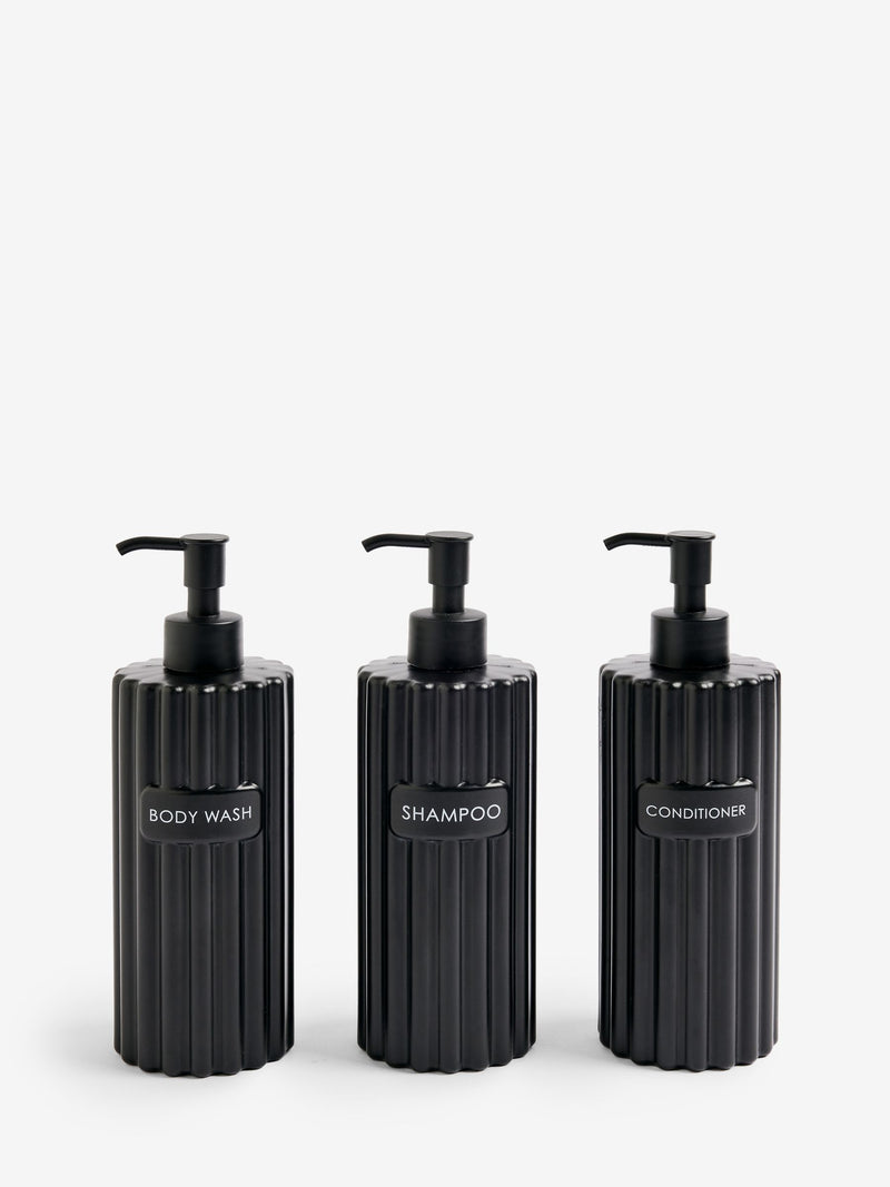 Set of three black rib refillable dispenser bottles - British product