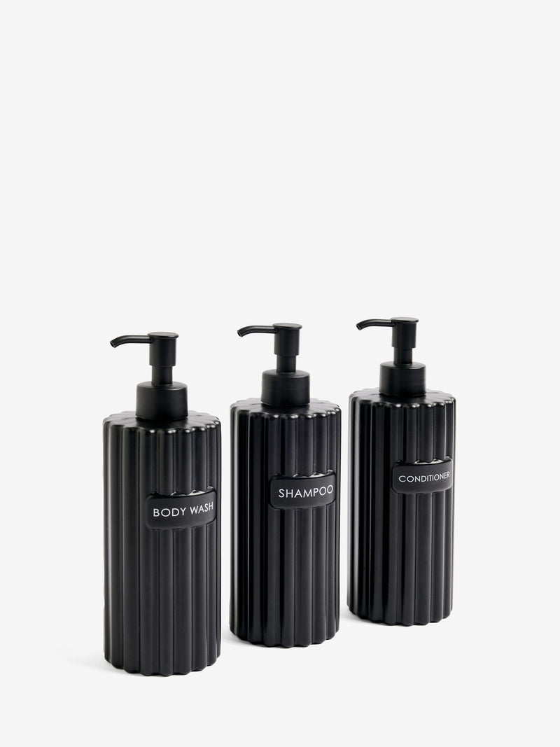 Set of three black rib refillable dispenser bottles - British product