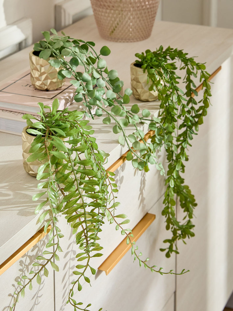 Artificial trailing plant in mini gold hex pot 39.5cm, UK version