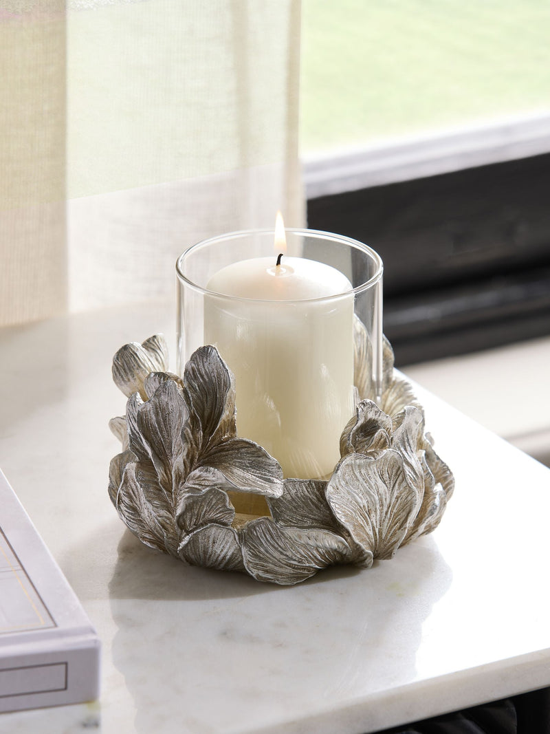Silver Floral Tea Light Hurricane Candle Holder