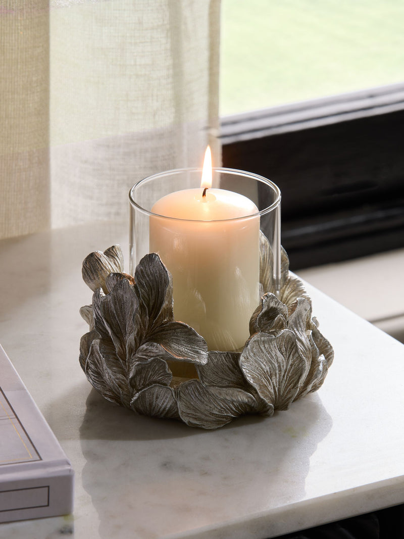Silver Floral Tea Light Hurricane Candle Holder
