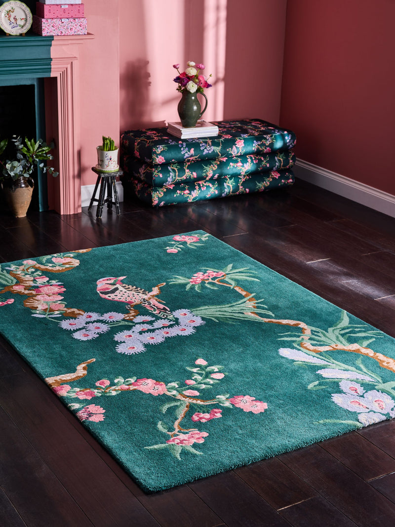 Cath Kidston teal birds and berries wool tufted rug, imported from the UK