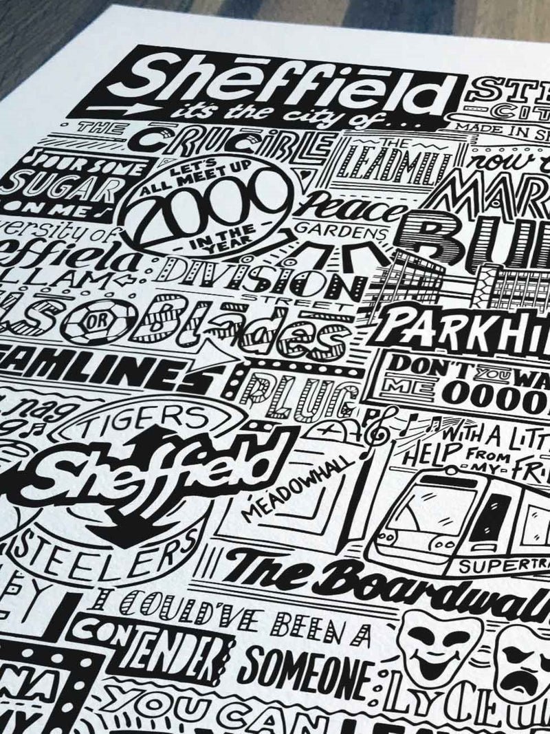Sketchbook Design Sheffield landmarks framed art print A3 (British brand)