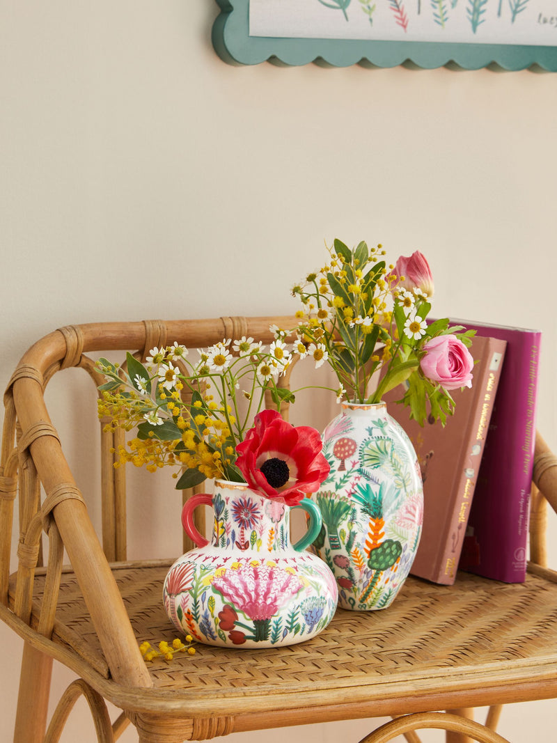 Lucy Tiffney floral ceramic vases in cream, pink, and green, UK version